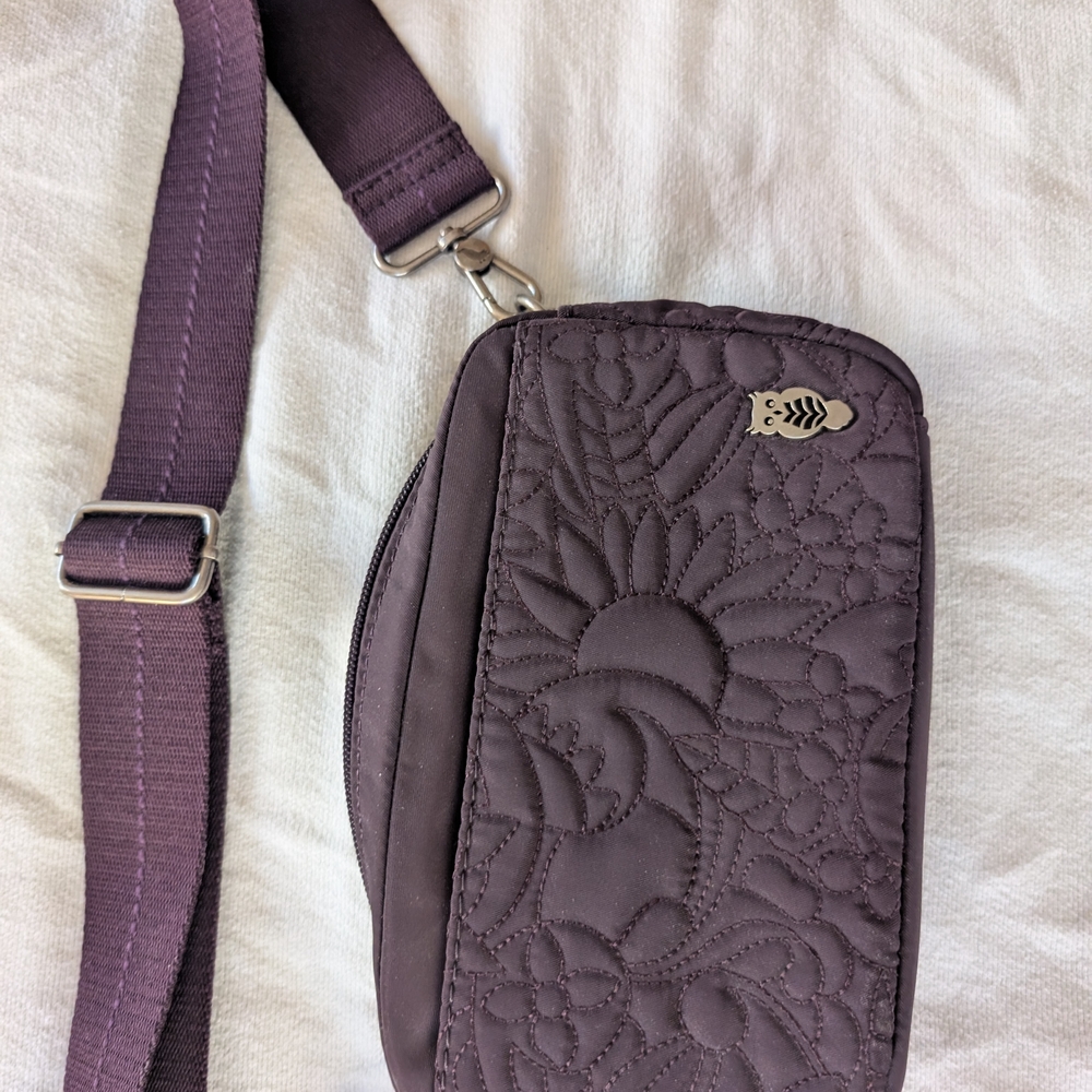 Sakroots Purple Crossbody Bag with Quilted Floral Design and Wider Strap